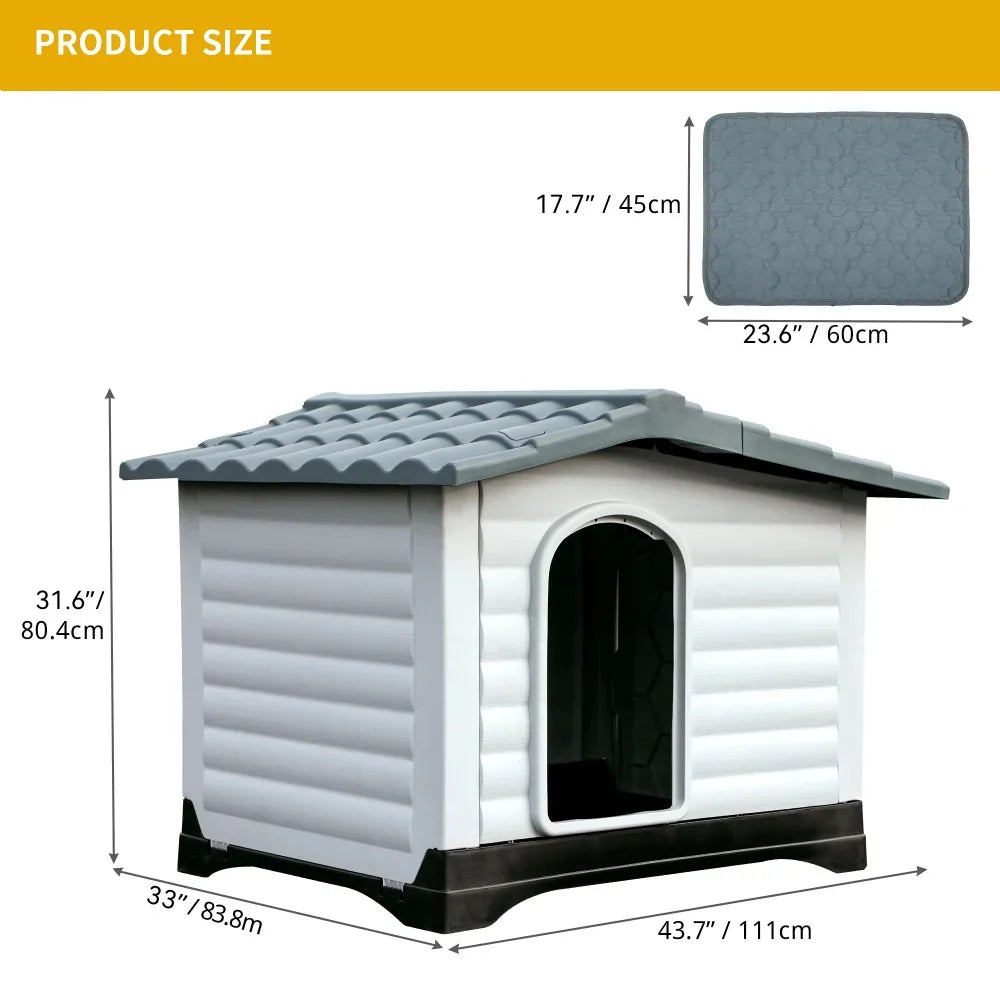 Large Plastic Dog House,Outdoor Waterproof Double Door Dog Houses with Elevated Base and Porch & Cushion,Durable Ventilate