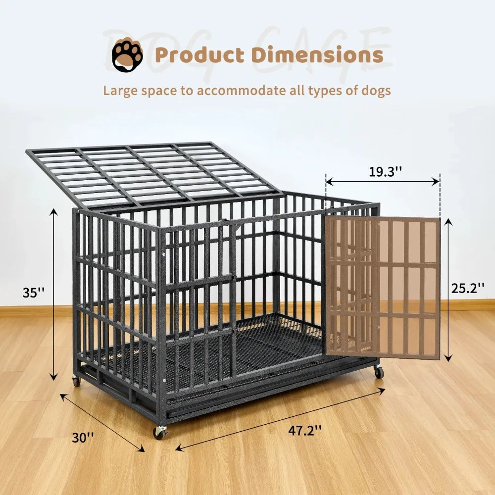 48 inch Heavy Duty Indestructible Dog Crate Steel Escape Proof, Indoor Double Door High Anxiety Cage, Kennel with Wheels