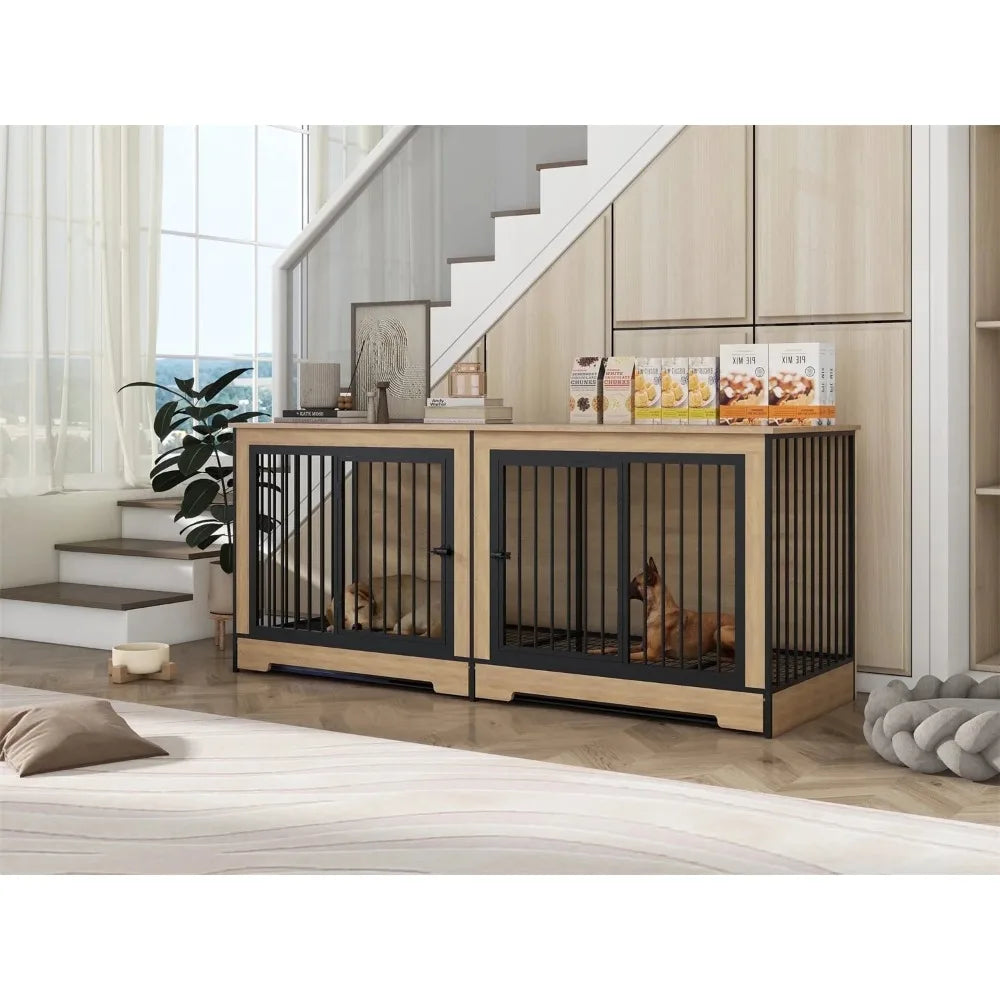 75" Dog Cage, Large Double Dogs Crate Furniture, XL Thick Wooden Dogs Crate Furniture TV Stand,Dog Kennel Crate with Divider