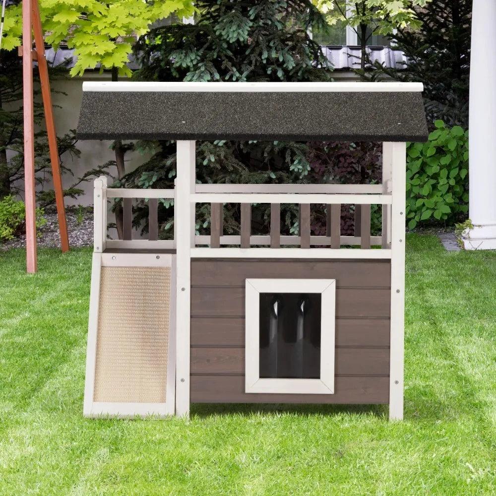 2-Tiers Pet Dog House, Wooden Dog Room Shelter with Stairs for Indoor and Outdoor Use
