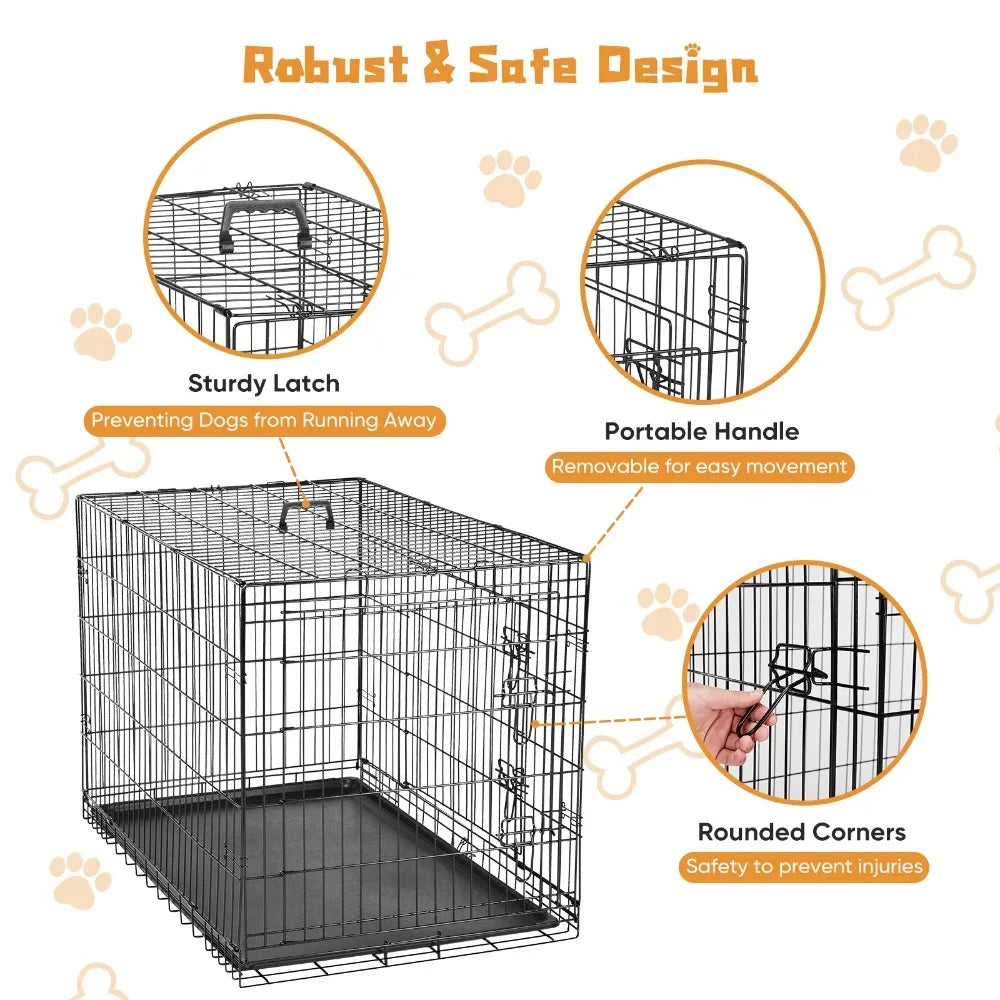 Big Dog Crate with Divider Panel, 48 Inch Double Door Folding Metal Wire Dog Cage with Plastic Leak-Proof Pan Tray