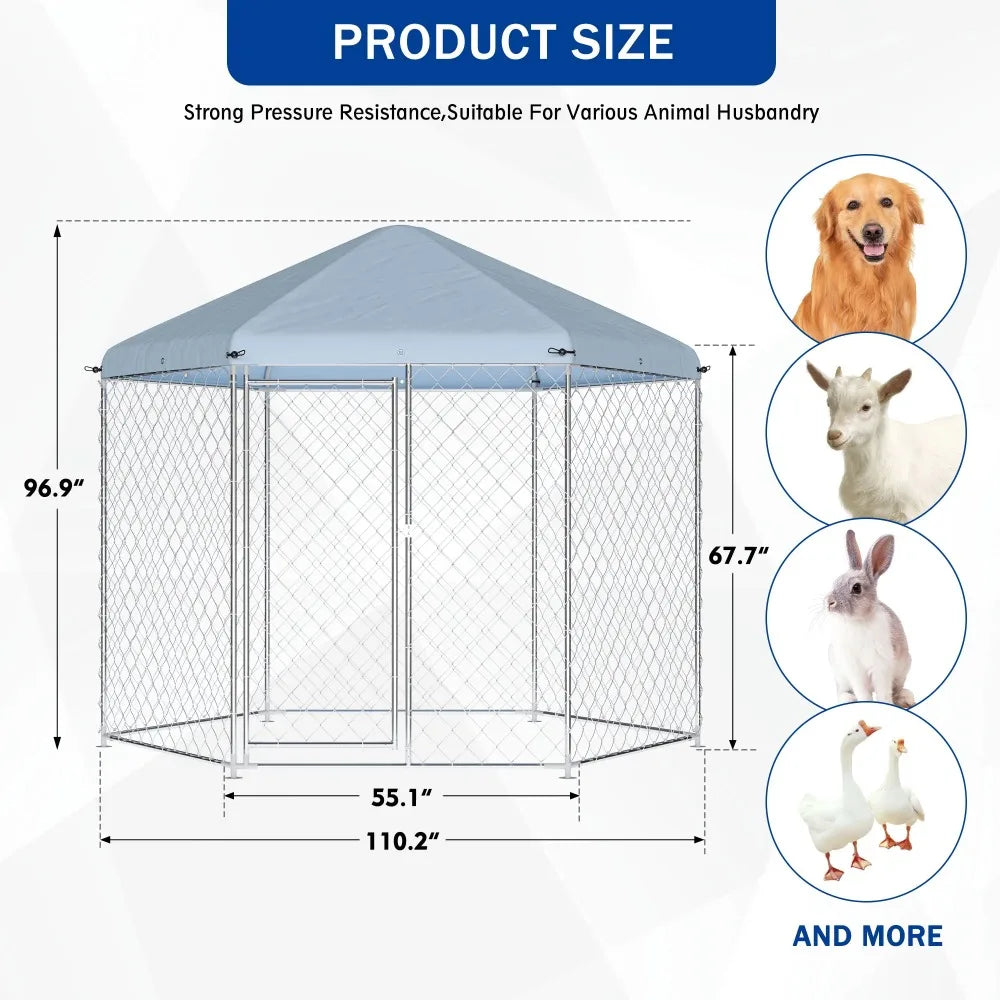 9.3x9.3x8.2 ft Large Dog Kennel Outside with Roof,Outdoor Dog Kennel with Lock for Outdoor Backyard