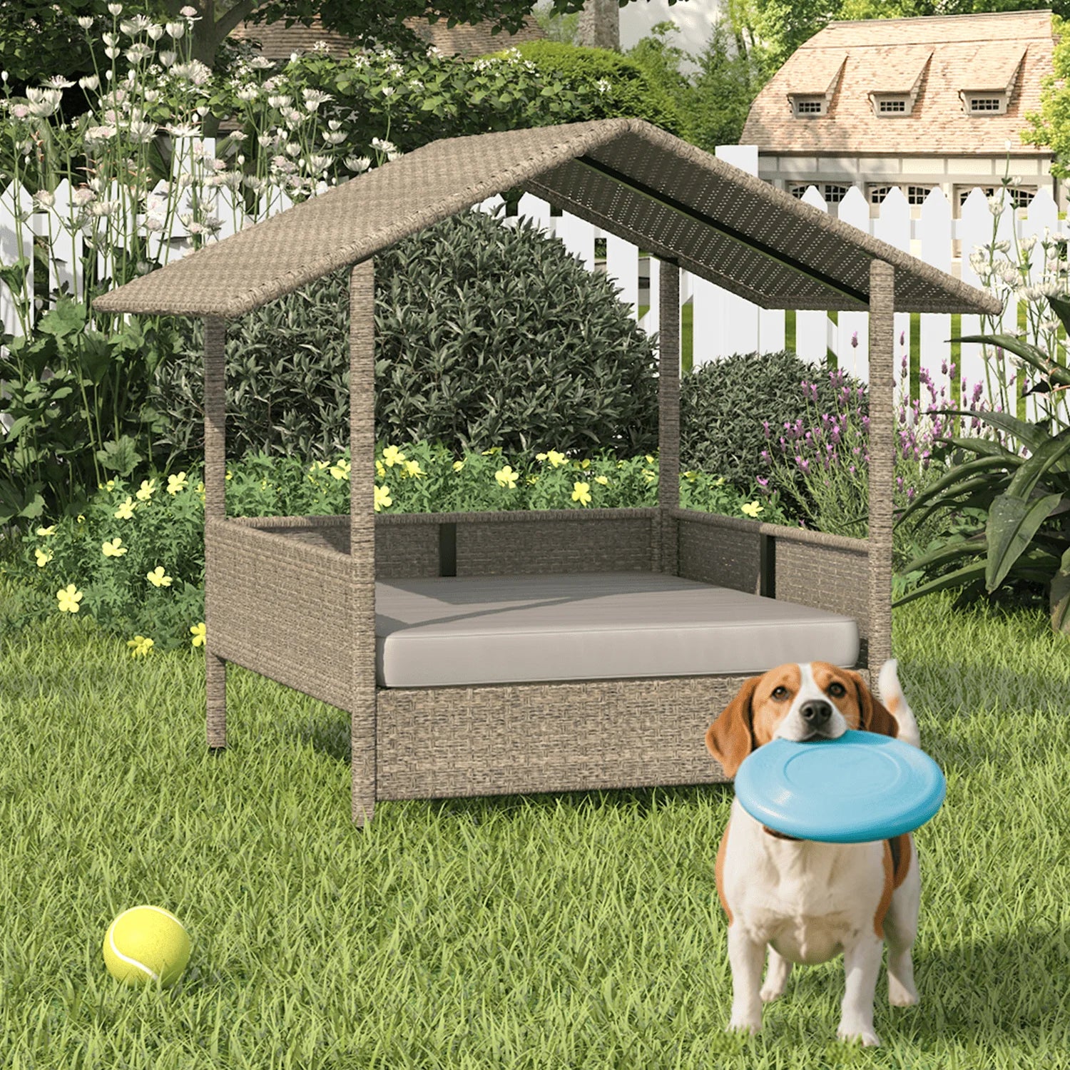 Wicker Dog House with Cushion for Small/Medium Dogs,Outdoor Indoor dog house with Canopy for Deck,Patio,Yard