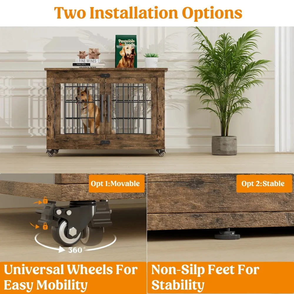 32-Inch Dog Crate With Padded, 2-Door Wooden Wheels, Indoor Dogs Kennel for Small to Medium