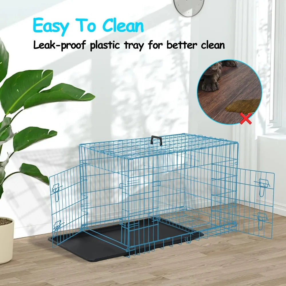 Durable Large Dog Crate, Folding Metal Dog Kennel Double Door Dog Cage with Plastic Tray, Wire Crate for Indoor Outdoor Travel