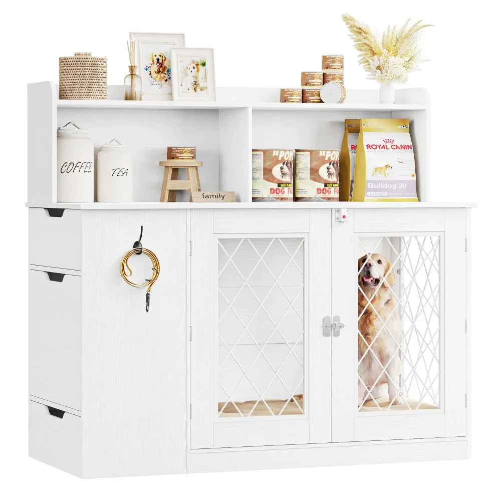 Dog Crate with Storage Cabinet and Feeding Station, Indoor Furniture Style Wooden Large Dog Kennel, White