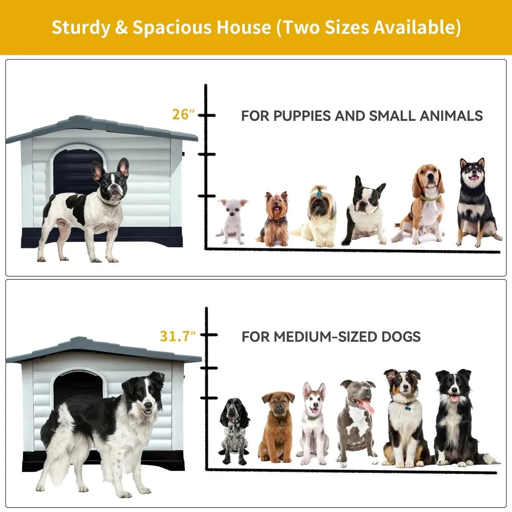 Large Plastic Dog House,Outdoor Waterproof Double Door Dog Houses with Elevated Base and Porch & Cushion,Durable Ventilate