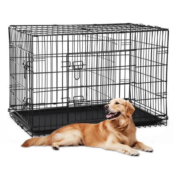 Durable Large Dog Crate, Folding Metal Dog Kennel Double Door Dog Cage with Plastic Tray, Wire Crate for Indoor Outdoor Travel