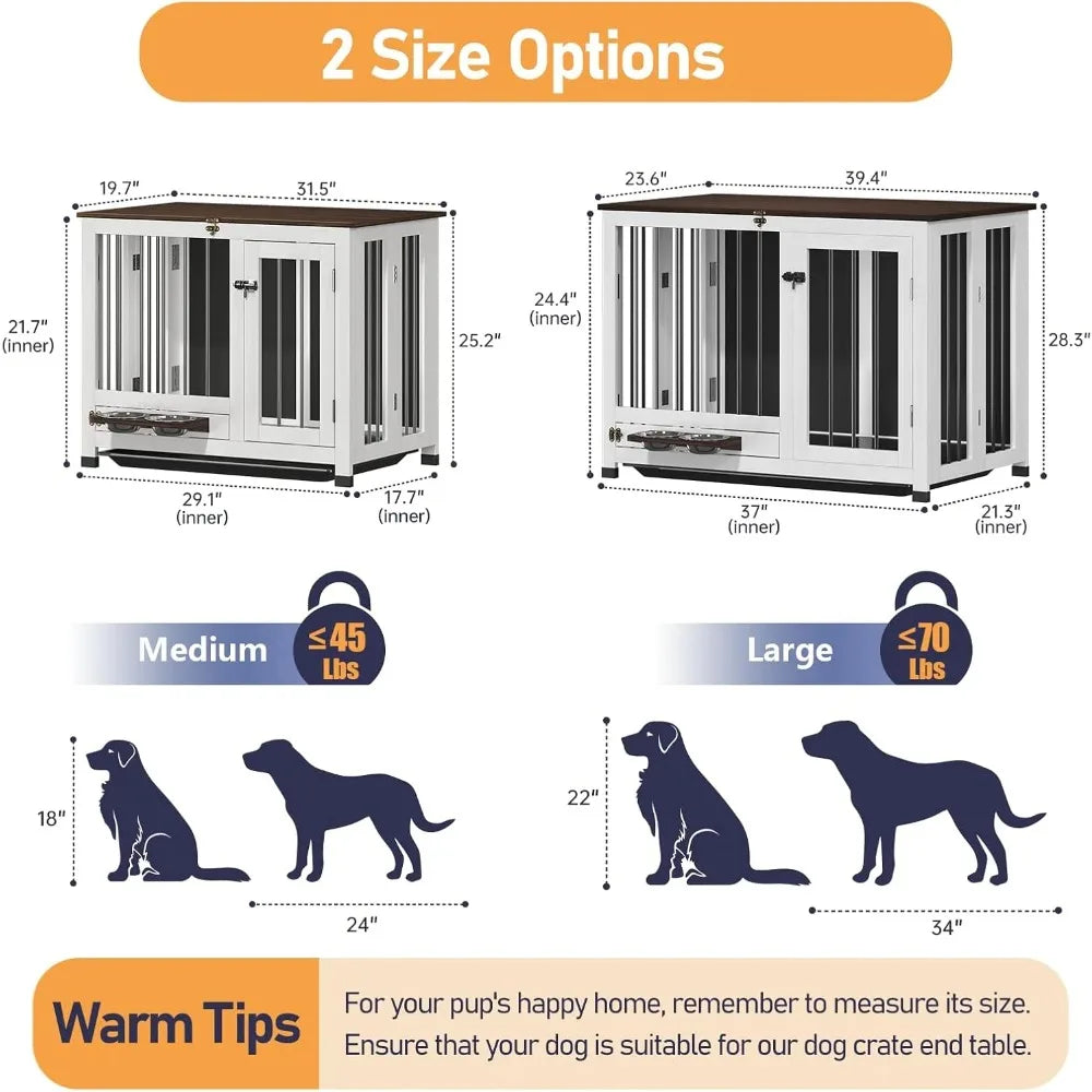 39.4" Dog Crate Furniture, Wooden Kennel with 360° Rotating Feeder & Removable Tray, Sturdy End Table for Medium & Large Dogs