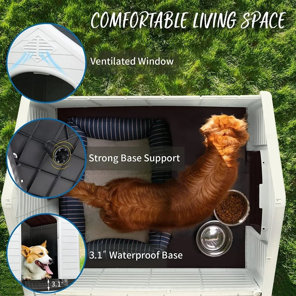Plastic Dog House Outdoor Indoor for Small Medium Large Dogs,Waterproof Dog Houses with Elevated Floor and Air Vents, Ventilate