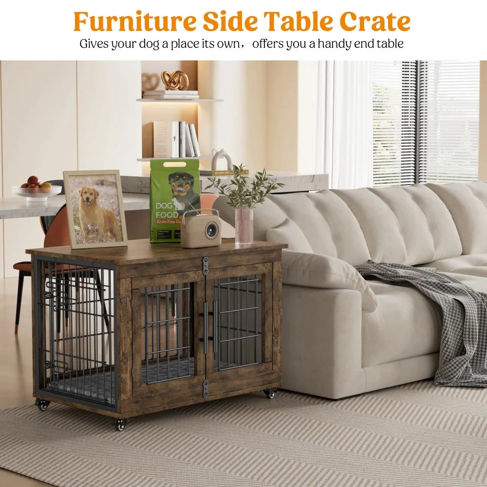 32-Inch Dog Crate With Padded, 2-Door Wooden Wheels, Indoor Dogs Kennel for Small to Medium