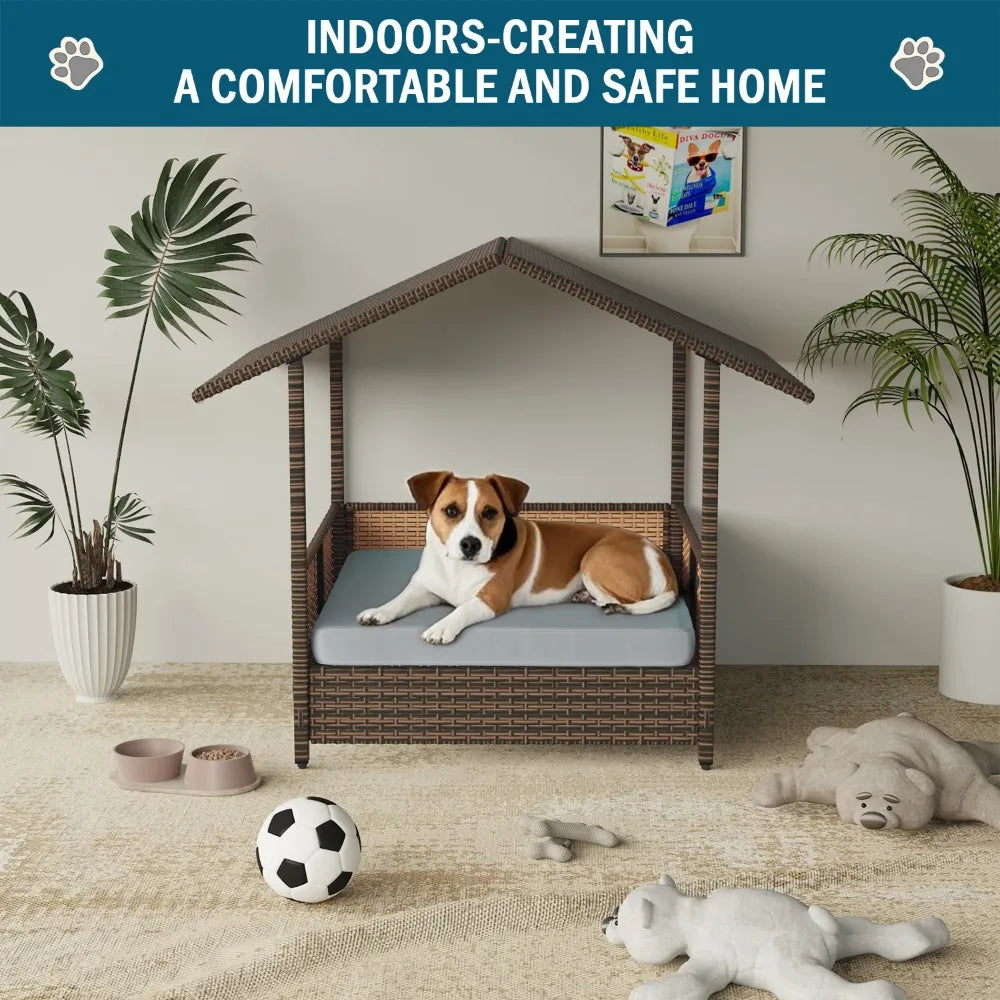 Wicker Dog House with Cushion for Small/Medium Dogs,Outdoor Indoor dog house with Canopy for Deck,Patio,Yard