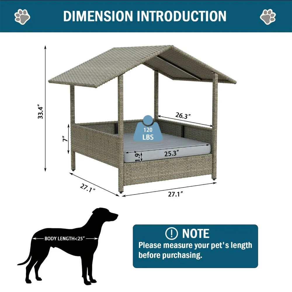 Wicker Dog House with Cushion for Small/Medium Dogs,Outdoor Indoor dog house with Canopy for Deck,Patio,Yard
