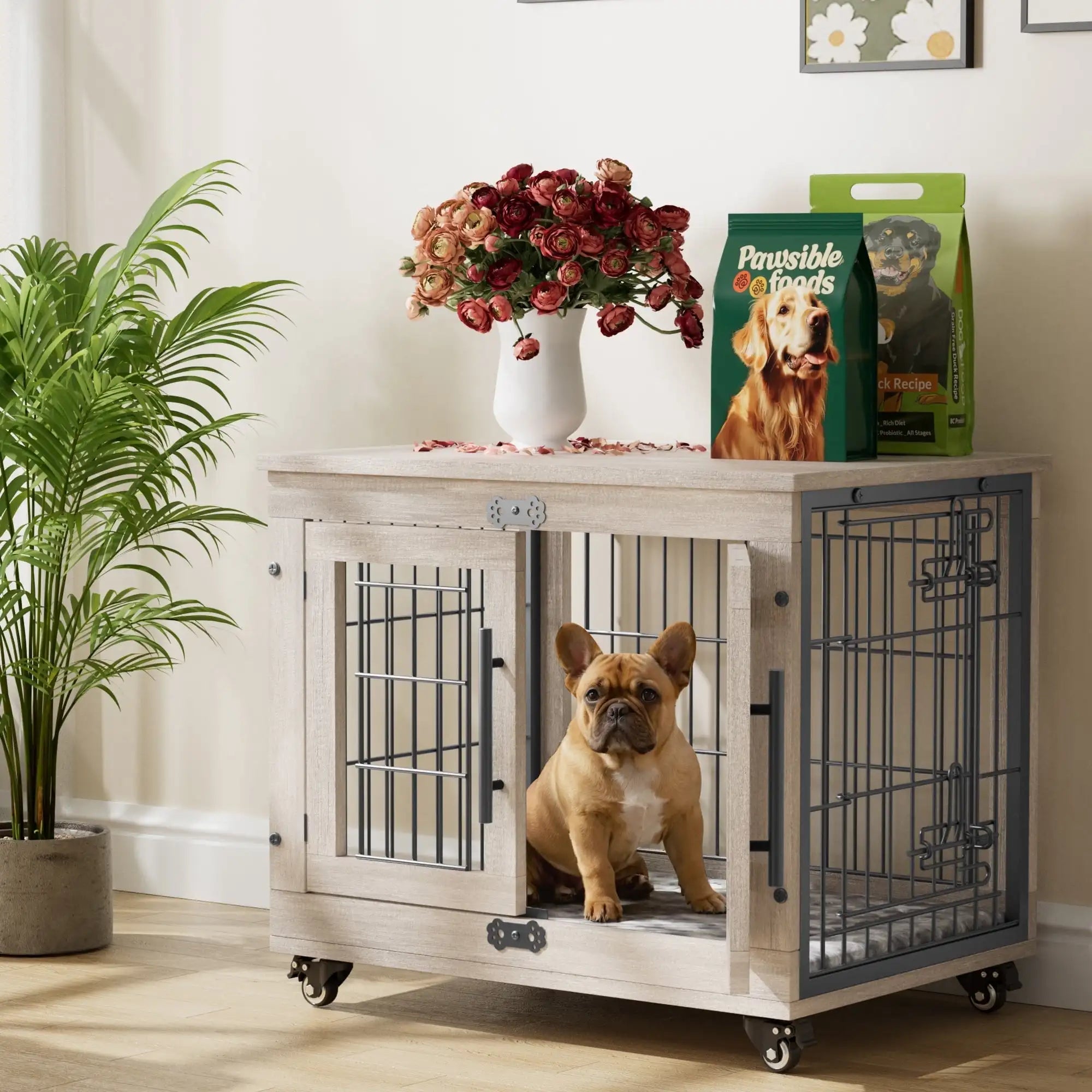 32-Inch Dog Crate With Padded, 2-Door Wooden Wheels, Indoor Dogs Kennel for Small to Medium