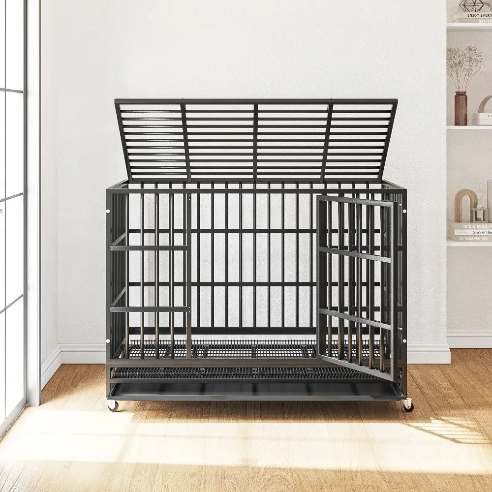 48 Inch Heavy Duty Dog Crate with Wheels for Indoor and Outdoor, Large Dog Kennel with Removable Tray