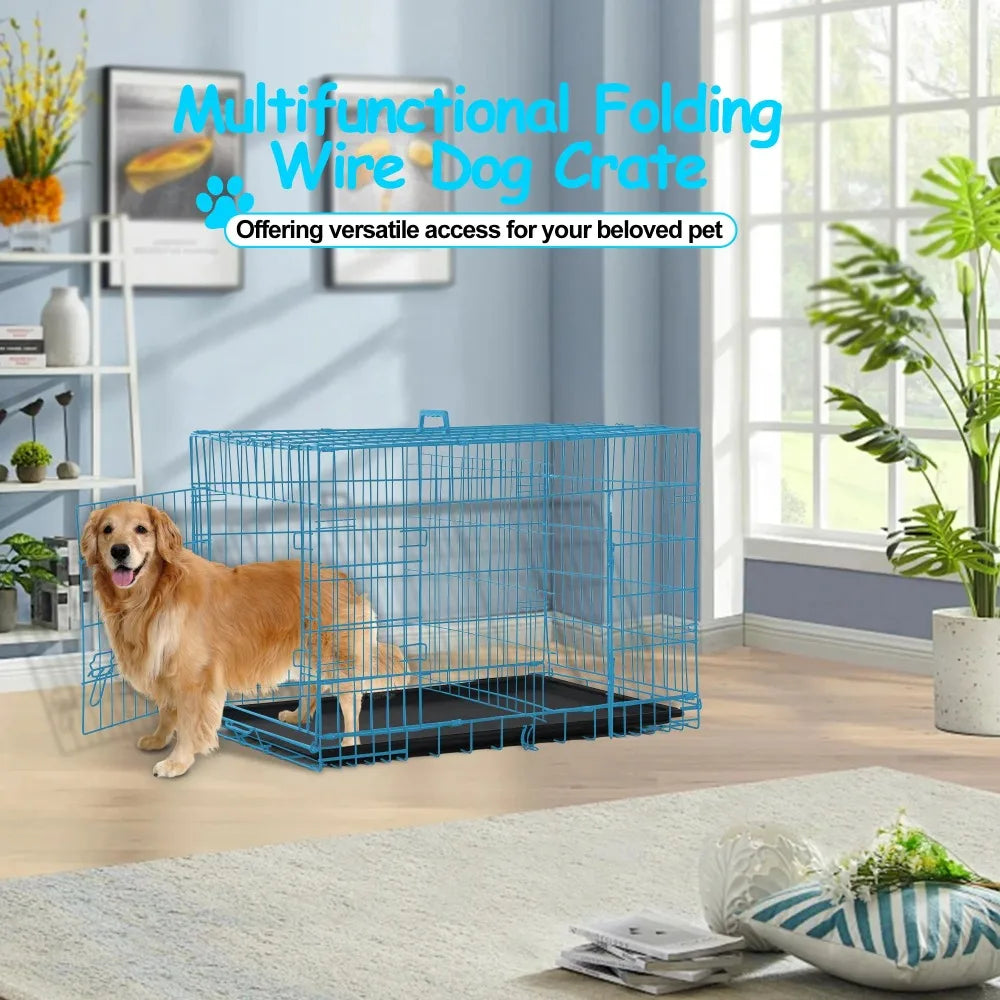 Durable Large Dog Crate, Folding Metal Dog Kennel Double Door Dog Cage with Plastic Tray, Wire Crate for Indoor Outdoor Travel