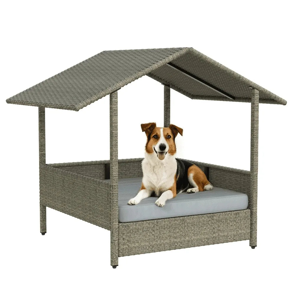 Wicker Dog House with Cushion for Small/Medium Dogs,Outdoor Indoor dog house with Canopy for Deck,Patio,Yard