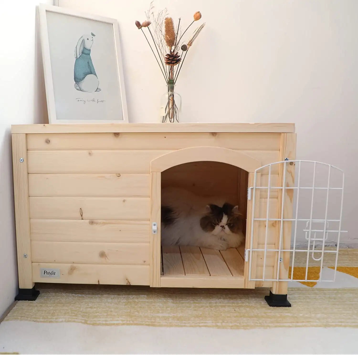 Indoor Dog House Ventilate Wood Cat Houses with Elevated Floor&Anti-Slip Bottom Gray