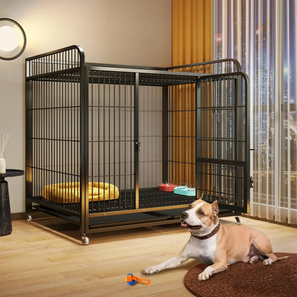 Indoor Dog Kennel Durable Easy Mobility 37.4" Metal Kennel for Medium to Large Dogs with Storage Shelf