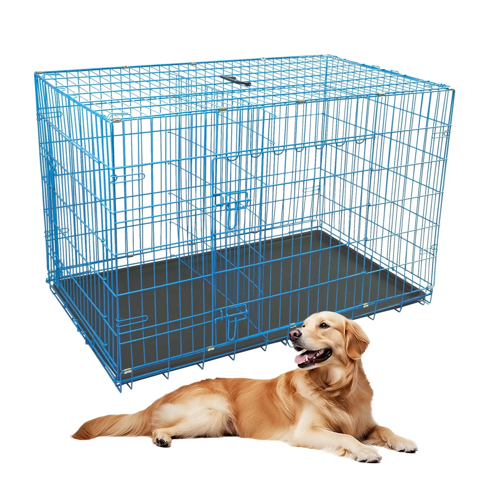 Durable Large Dog Crate, Folding Metal Dog Kennel Double Door Dog Cage with Plastic Tray, Wire Crate for Indoor Outdoor Travel