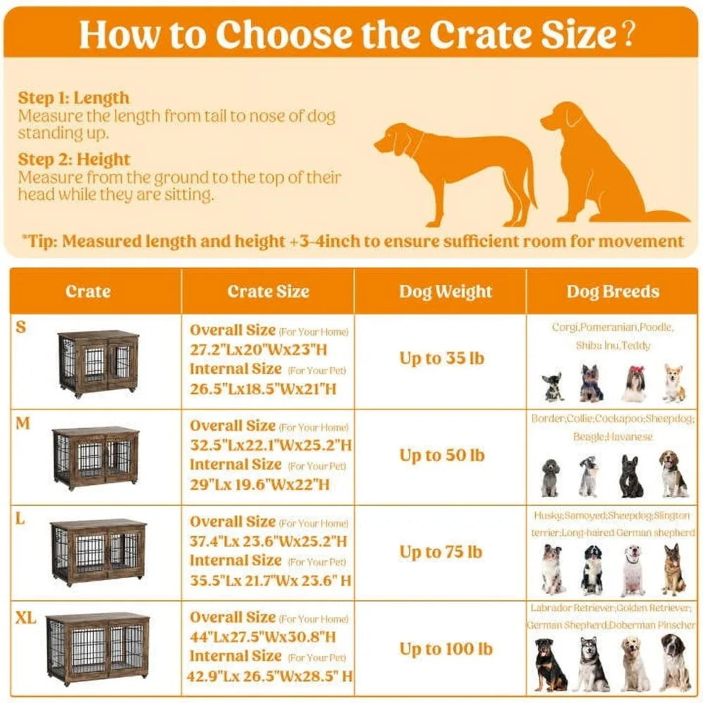 32-Inch Dog Crate With Padded, 2-Door Wooden Wheels, Indoor Dogs Kennel for Small to Medium