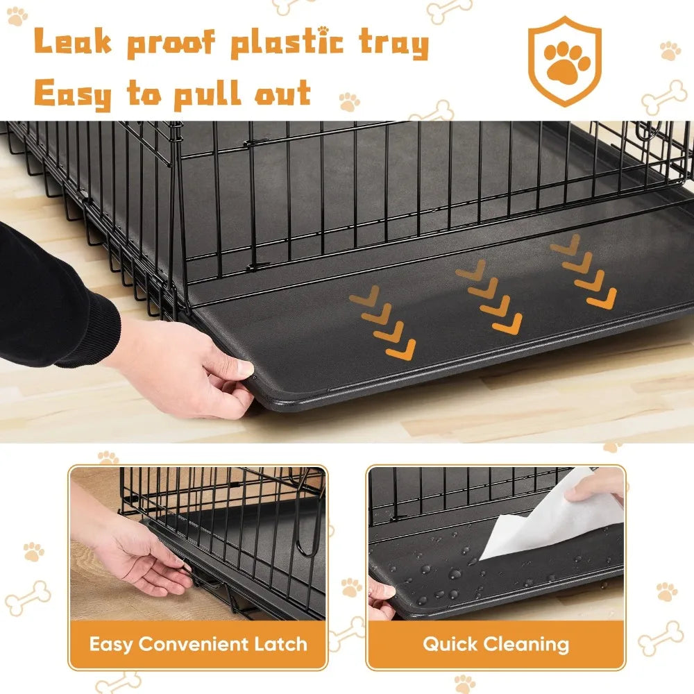 Big Dog Crate with Divider Panel, 48 Inch Double Door Folding Metal Wire Dog Cage with Plastic Leak-Proof Pan Tray