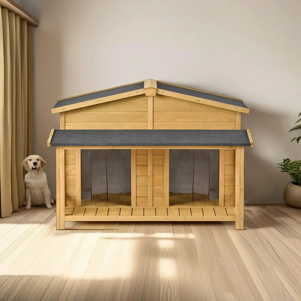 47" Outdoor Wood Dog House with Porch, 2 Doors,  Pet Kennel for Indoor Dogs, Cabin Style Cat Shelter, Beige