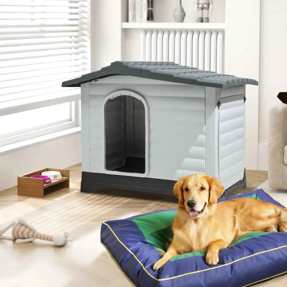 Large Plastic Dog House,Outdoor Waterproof Double Door Dog Houses with Elevated Base and Porch & Cushion,Durable Ventilate