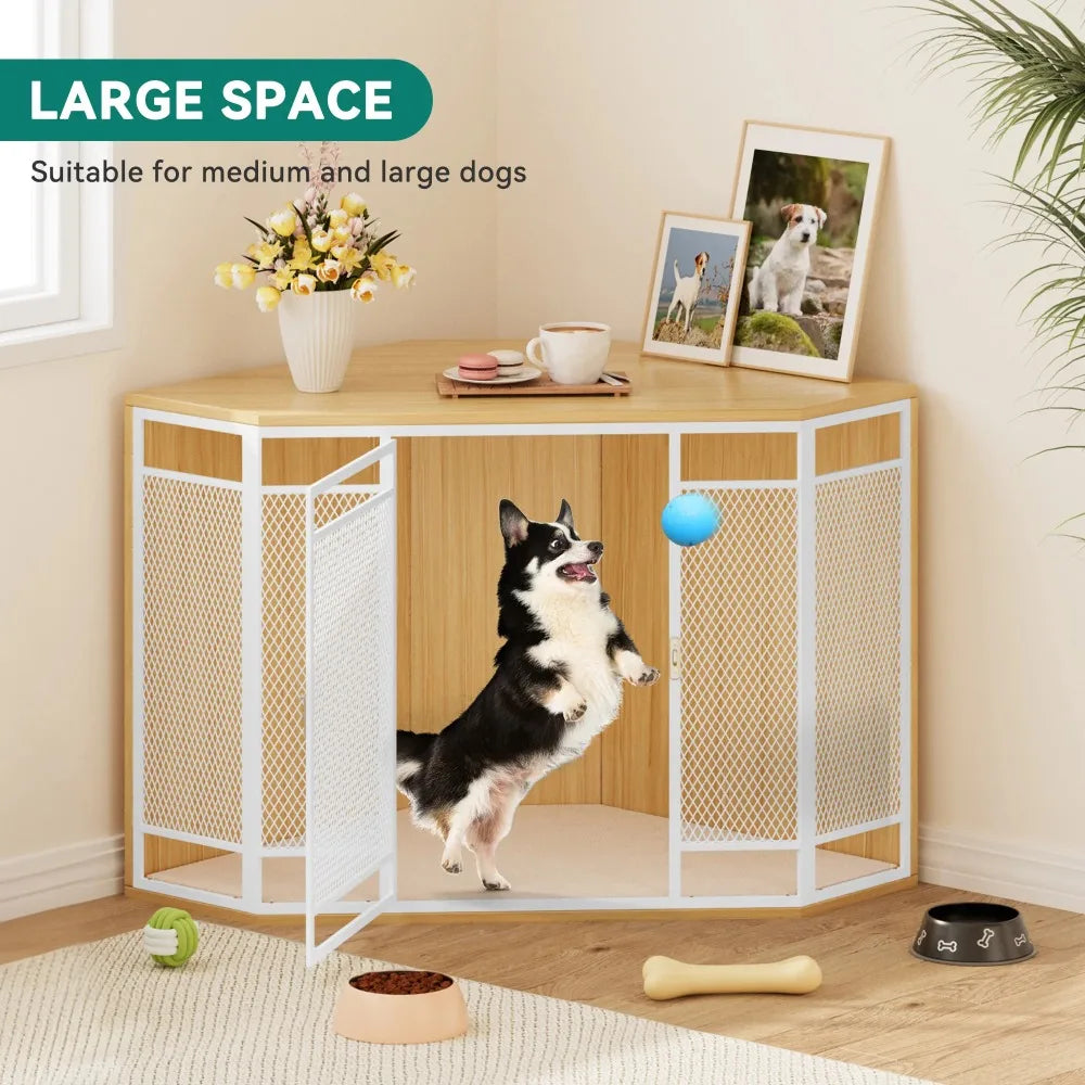 Corner Dog Crate Furniture, 43.7-inch Wooden Dog Kennel with Sturdy Metal Mesh, Multi-functional End Table, Indoor Dogs House