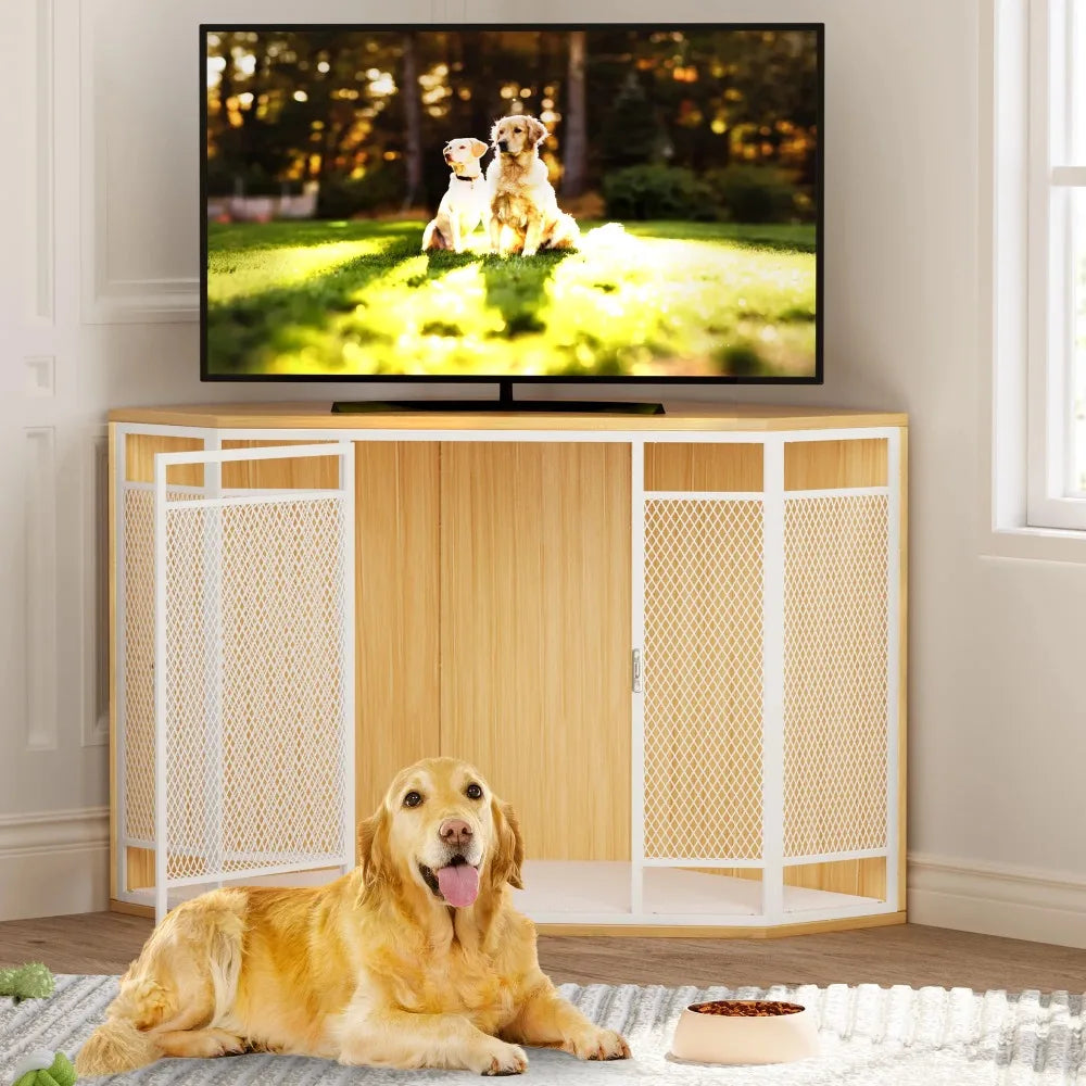Corner Dog Crate Furniture, 43.7-inch Wooden Dog Kennel with Sturdy Metal Mesh, Multi-functional End Table, Indoor Dogs House