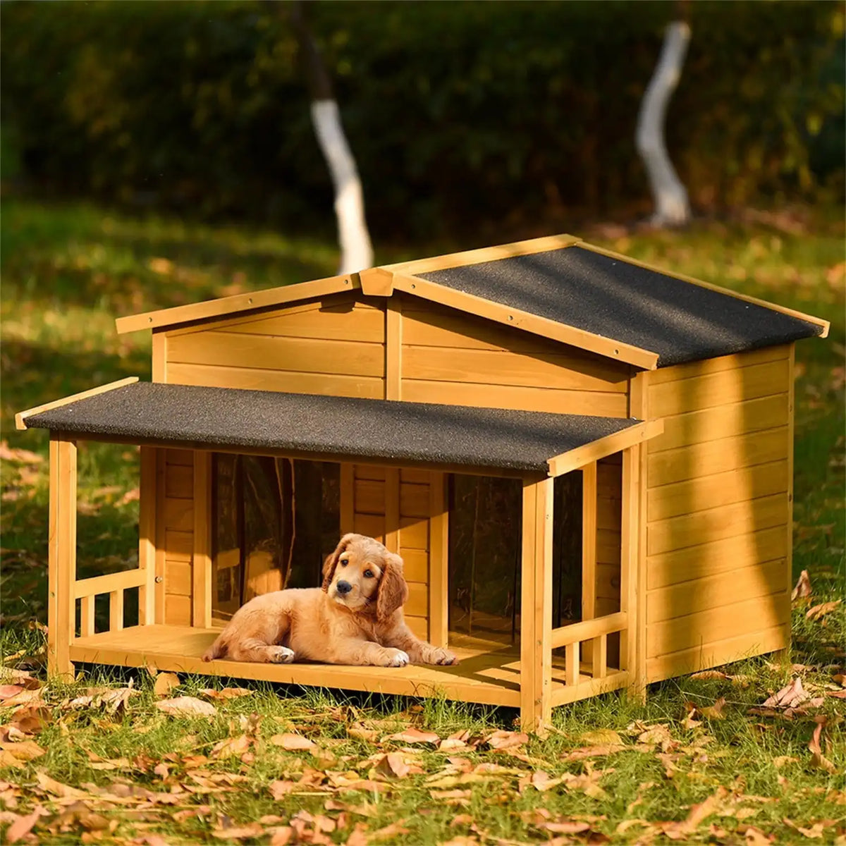 47" Outdoor Wood Dog House with Porch, 2 Doors,  Pet Kennel for Indoor Dogs, Cabin Style Cat Shelter, Beige