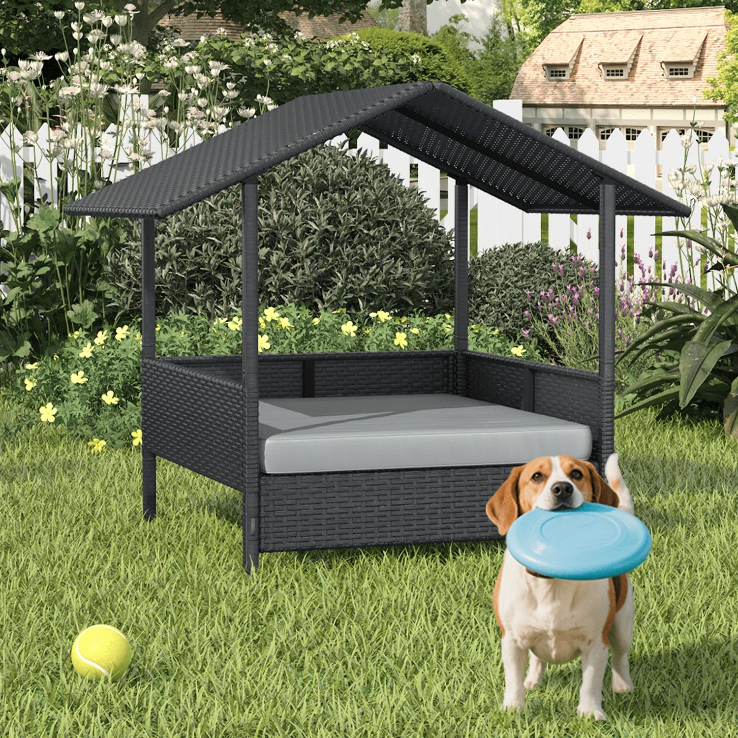 Wicker Dog House with Cushion for Small/Medium Dogs,Outdoor Indoor dog house with Canopy for Deck,Patio,Yard