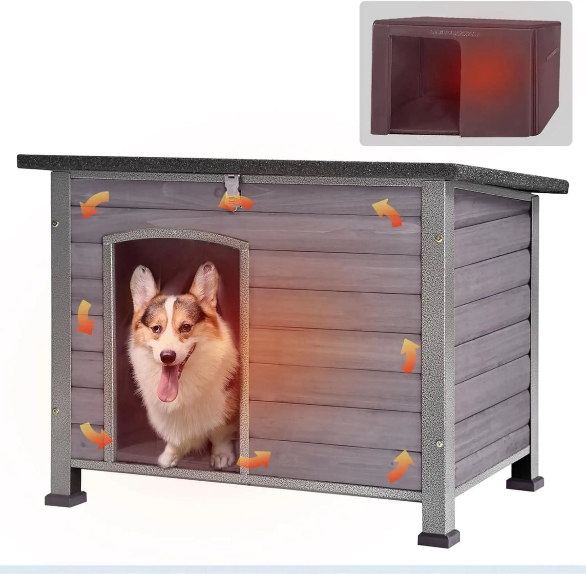 Insulated Dog House with Liner for Outdoor Winter Weatherproof Wooden Dog Kennel All-Around Iron Frame