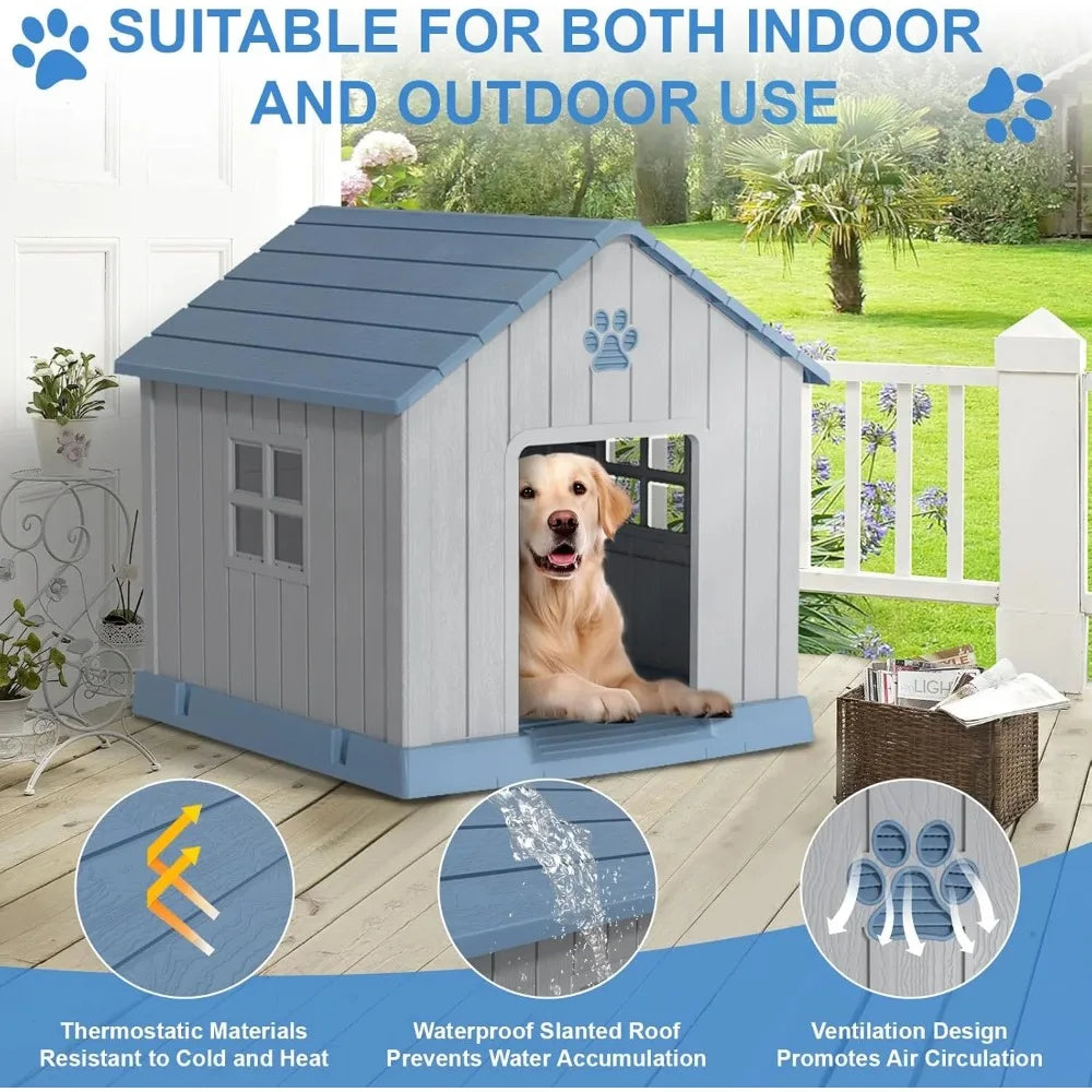 31" Indoor/Outdoor Resin Dog House – Large Shelter with Air Vents, Elevated Floor & Windows – Waterproof, Durable