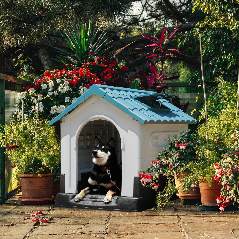Folding Large Dog House Outdoor Plastic Doghouse with Adjustable Skylight and Elevated Base Water Resistant Pet House