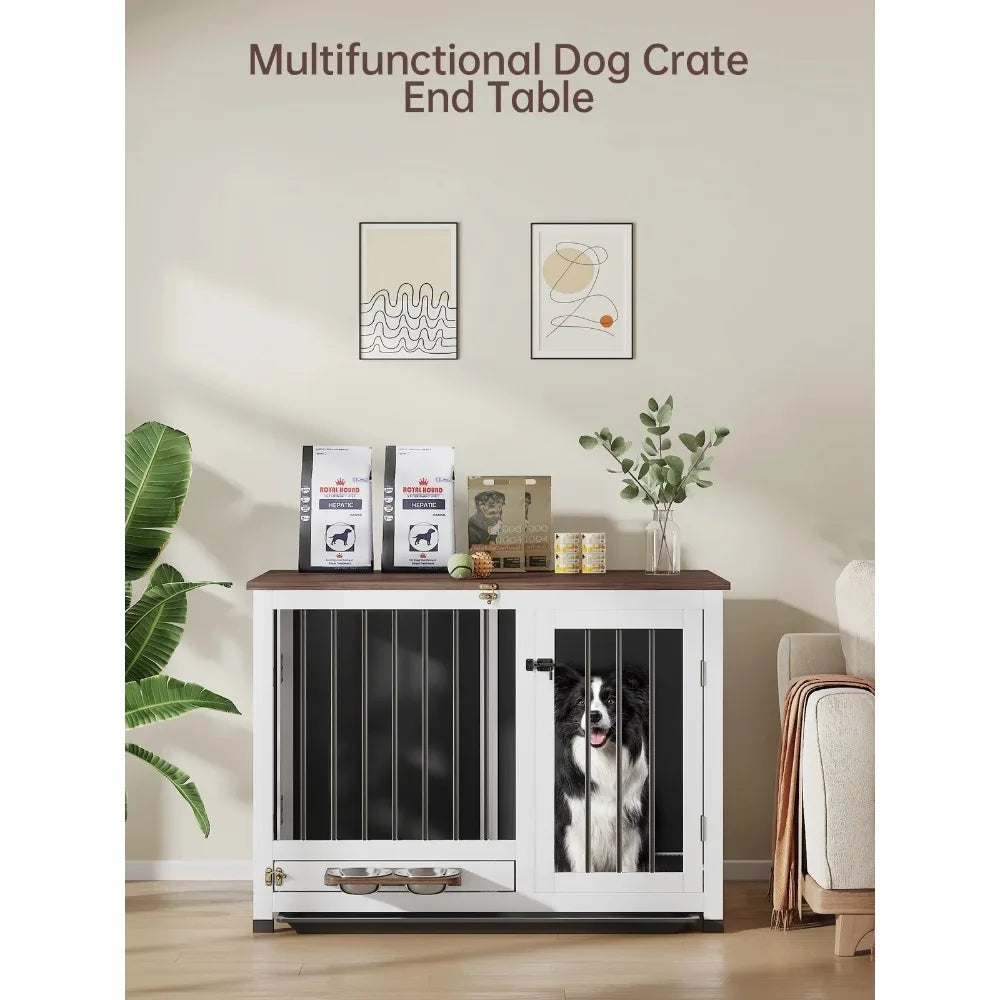 39.4" Dog Crate Furniture, Wooden Kennel with 360° Rotating Feeder & Removable Tray, Sturdy End Table for Medium & Large Dogs