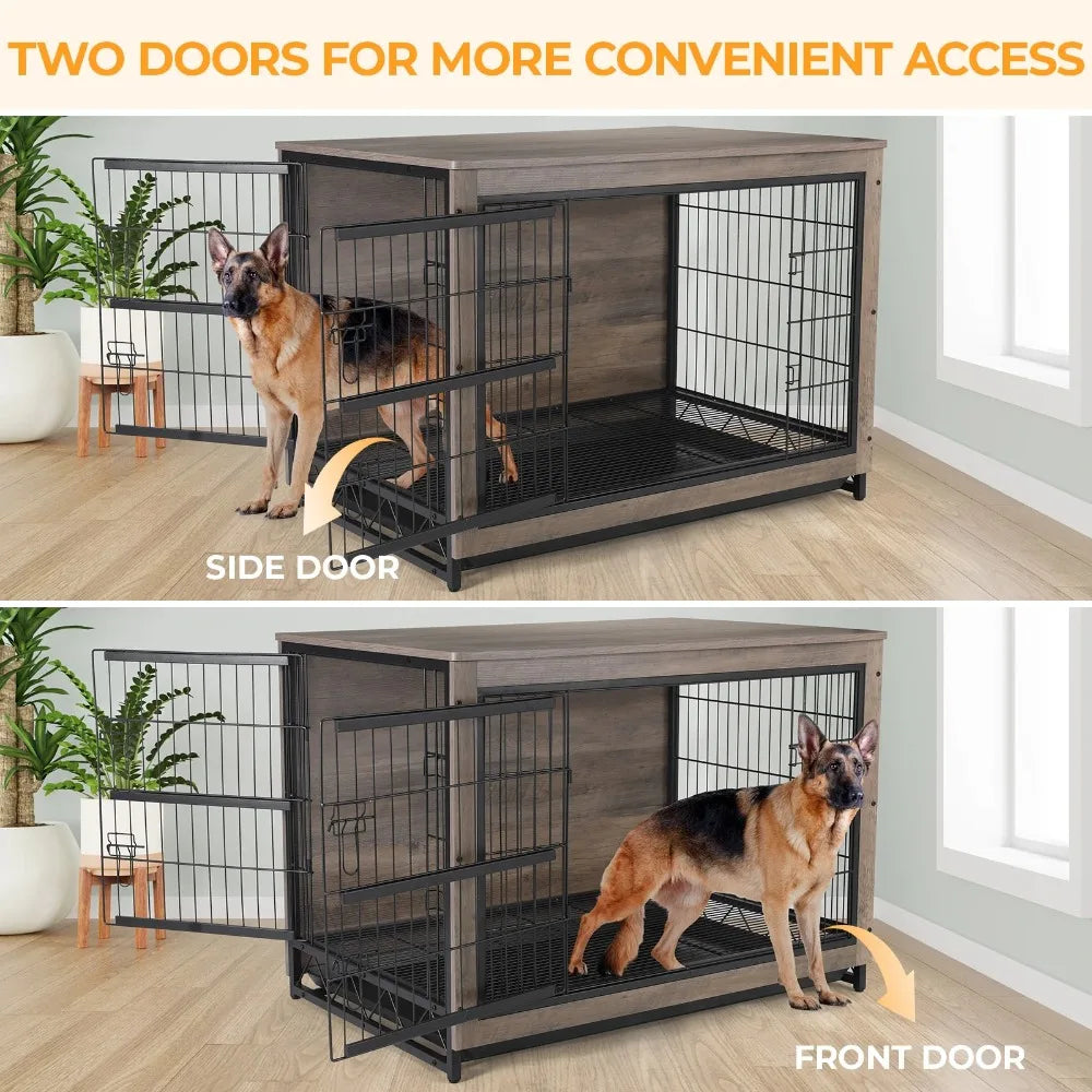 44.1'' Large Dog Crate Furniture,Wooden Dog Cage End Table Indoor Dogs Kennel with Double Doors & Pull-Out Tray for Small,Medium