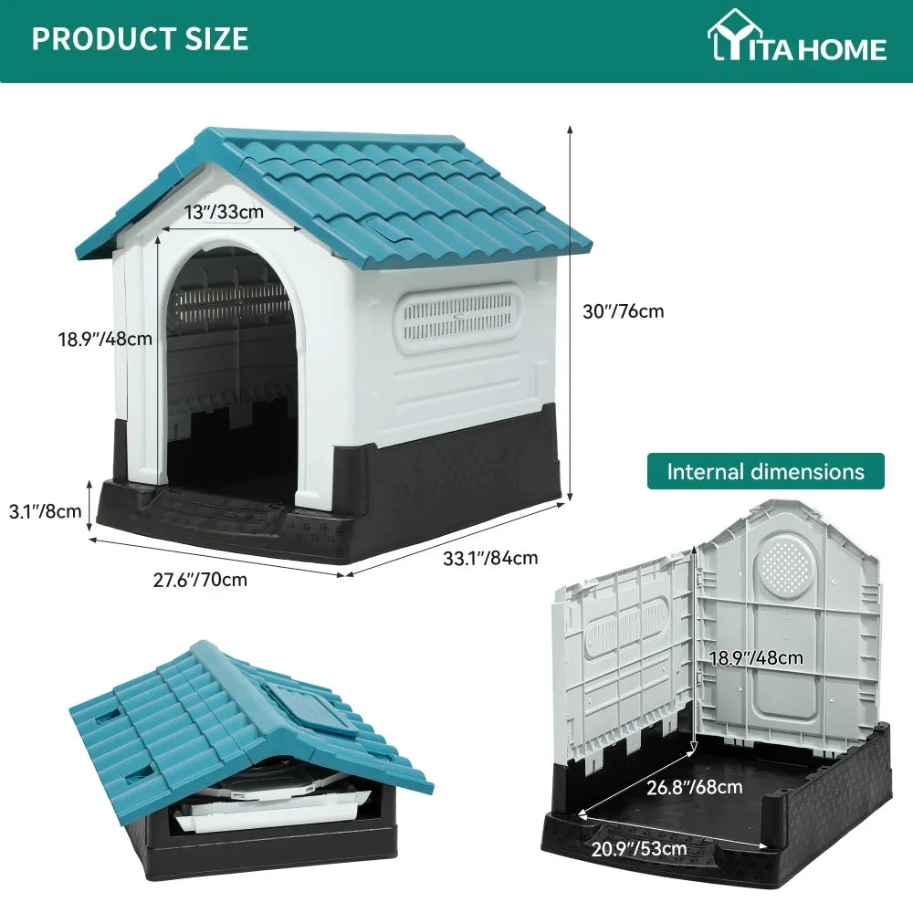 Folding Large Dog House Outdoor Plastic Doghouse with Adjustable Skylight and Elevated Base Water Resistant Pet House