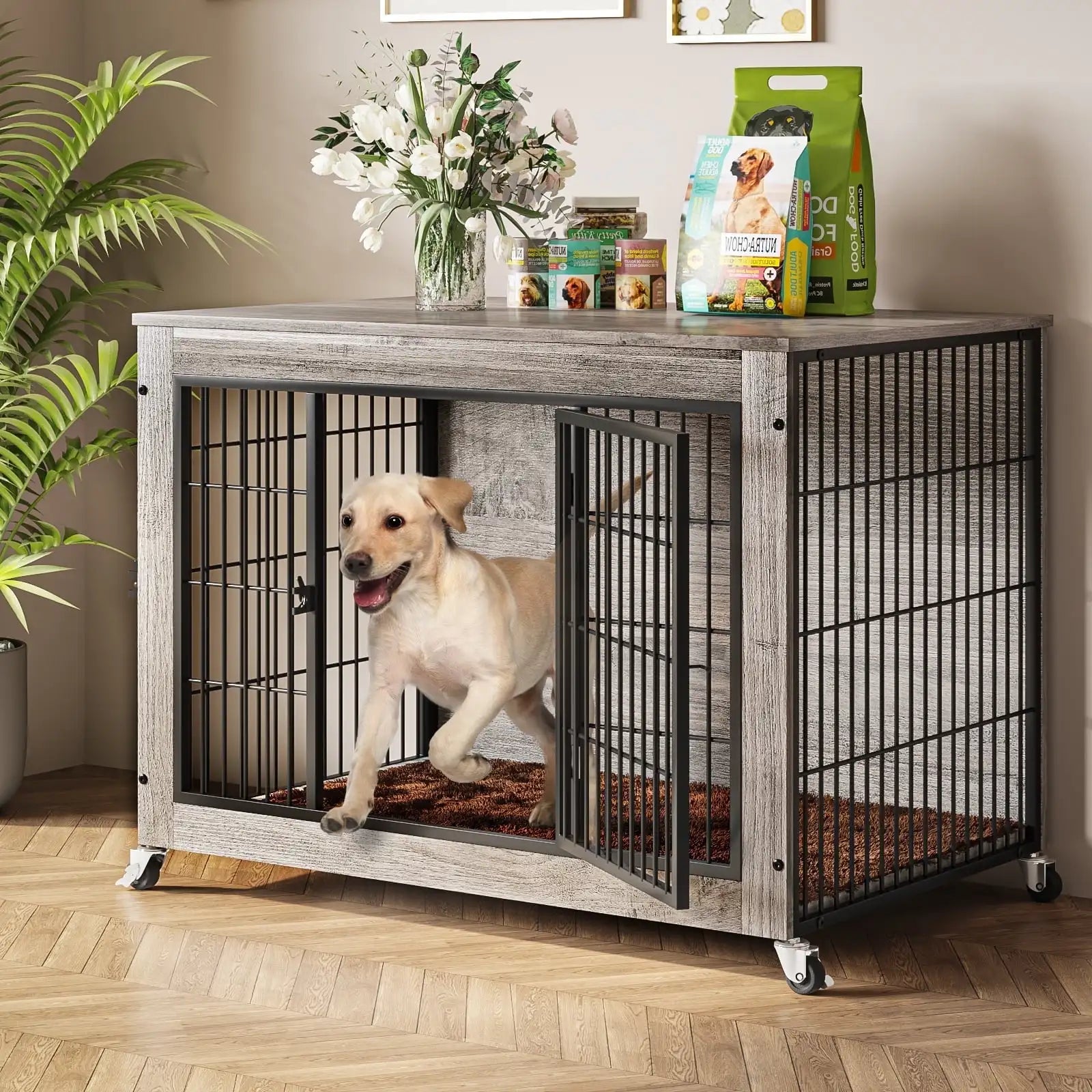 Wooden Dog Crate Furniture with Cushion, Double Doors Wooden Dog Kennel Indoor with Wheels