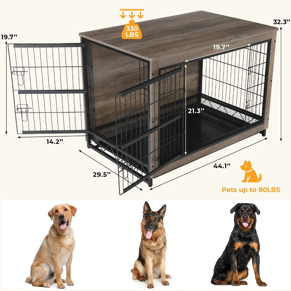 44.1'' Large Dog Crate Furniture,Wooden Dog Cage End Table Indoor Dogs Kennel with Double Doors & Pull-Out Tray for Small,Medium