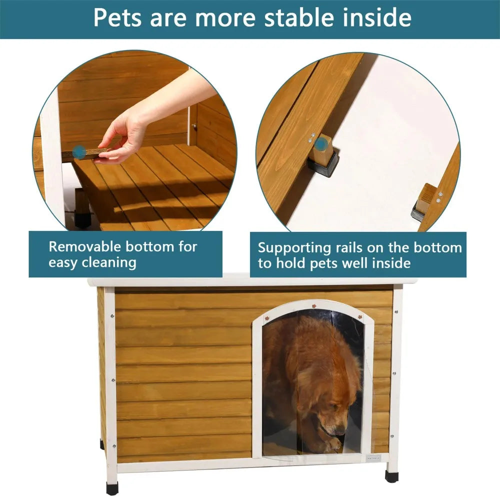 45" Outdoor Insulated Wood Dog Houses, Weatherproof Dog House with Door Wooden Pet Cat House Shelter with Plastic Curtain, Brown