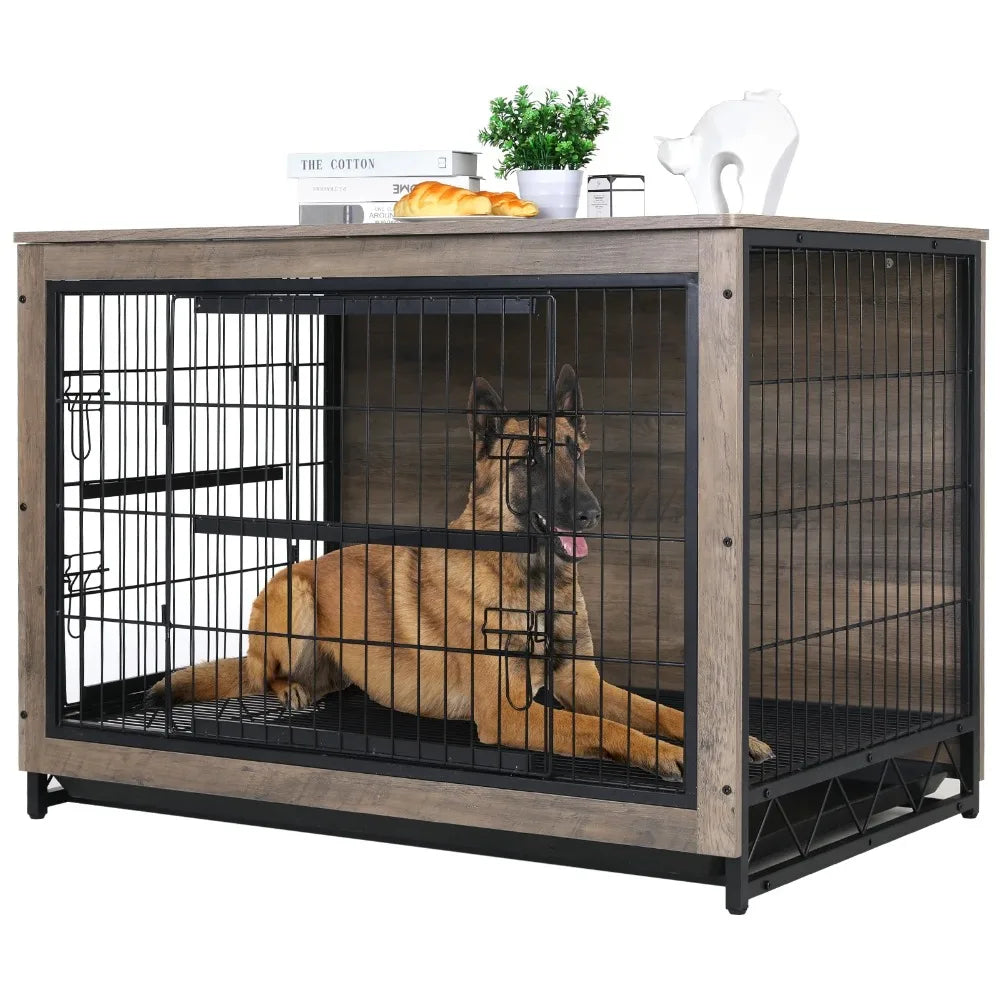 44.1'' Large Dog Crate Furniture,Wooden Dog Cage End Table Indoor Dogs Kennel with Double Doors & Pull-Out Tray for Small,Medium