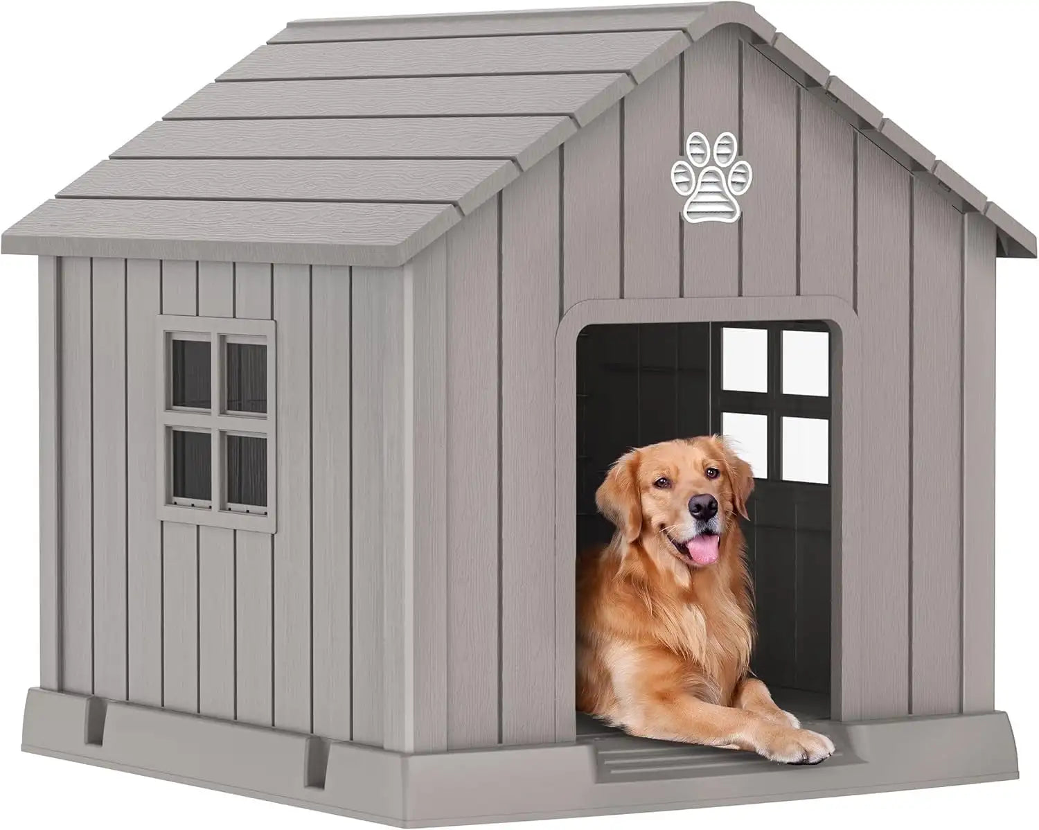 31" Indoor/Outdoor Resin Dog House – Large Shelter with Air Vents, Elevated Floor & Windows – Waterproof, Durable