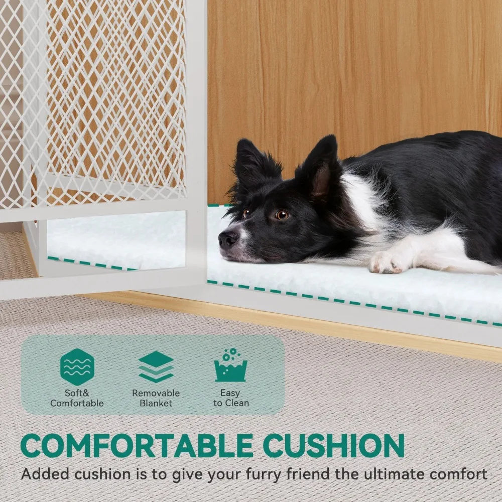 Corner Dog Crate Furniture, 43.7-inch Wooden Dog Kennel with Sturdy Metal Mesh, Multi-functional End Table, Indoor Dogs House