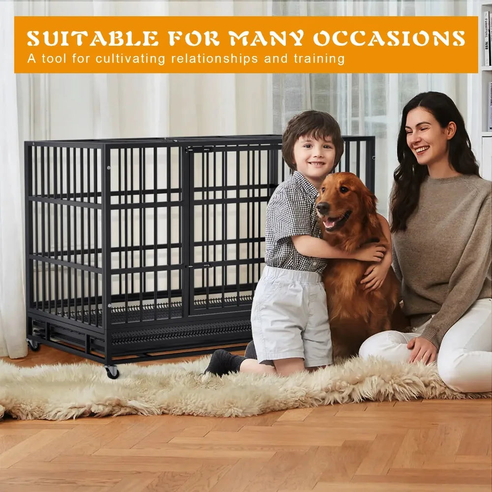48 Inch Heavy Duty Dog Crate with Wheels for Indoor and Outdoor, Large Dog Kennel with Removable Tray