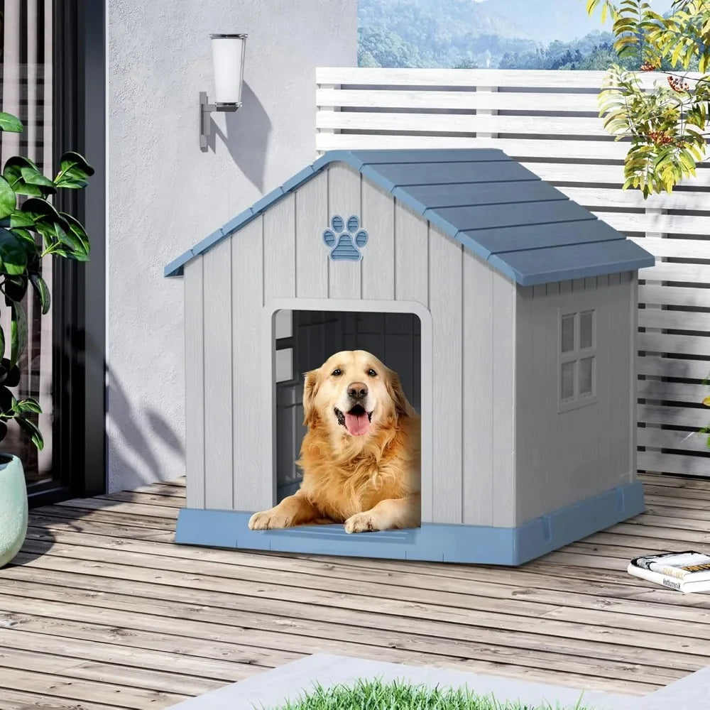 31" Indoor/Outdoor Resin Dog House – Large Shelter with Air Vents, Elevated Floor & Windows – Waterproof, Durable
