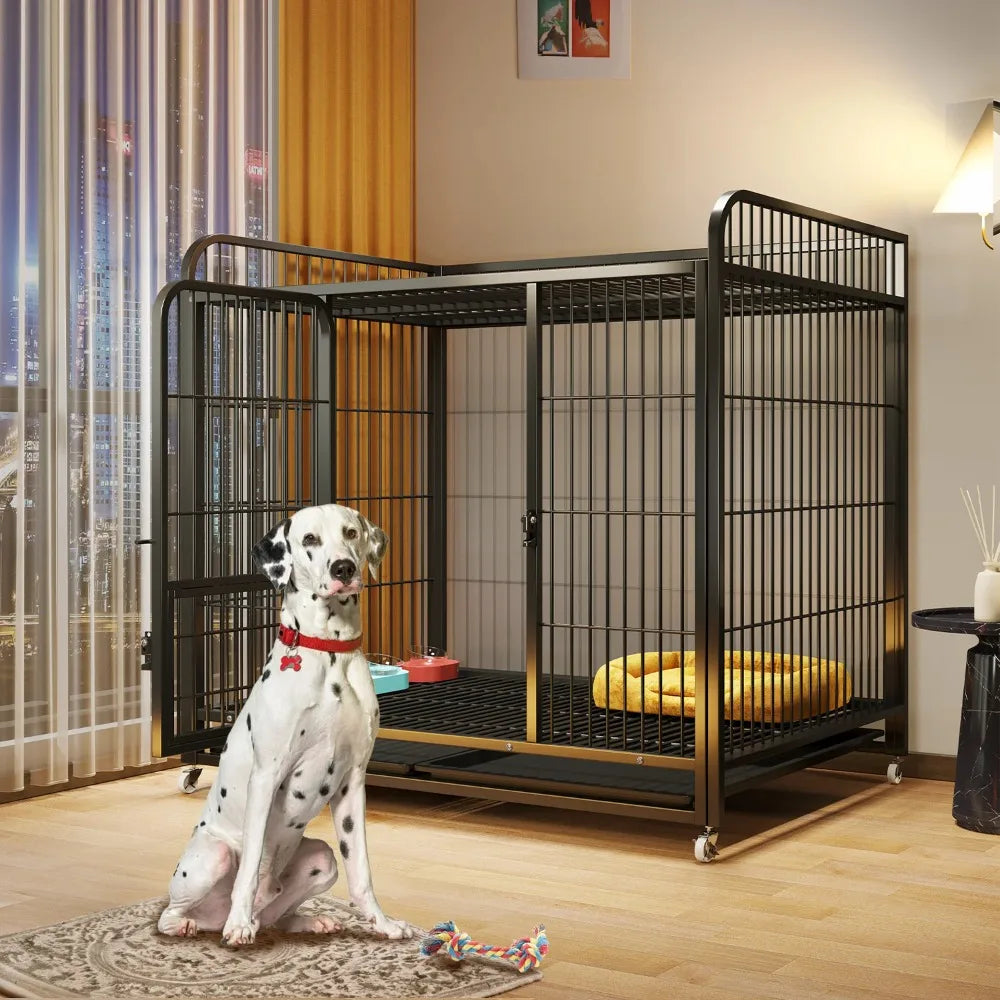 Indoor Dog Kennel Durable Easy Mobility 37.4" Metal Kennel for Medium to Large Dogs with Storage Shelf