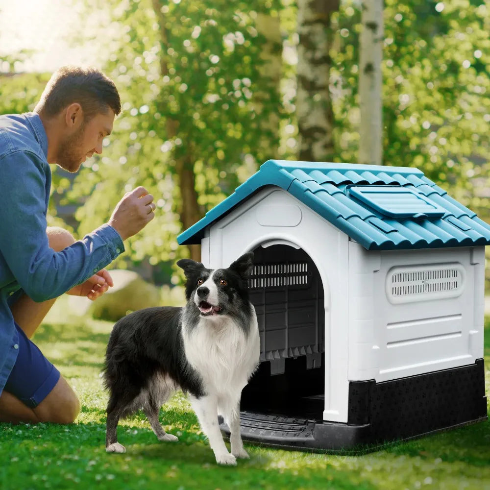 Folding Large Dog House Outdoor Plastic Doghouse with Adjustable Skylight and Elevated Base Water Resistant Pet House