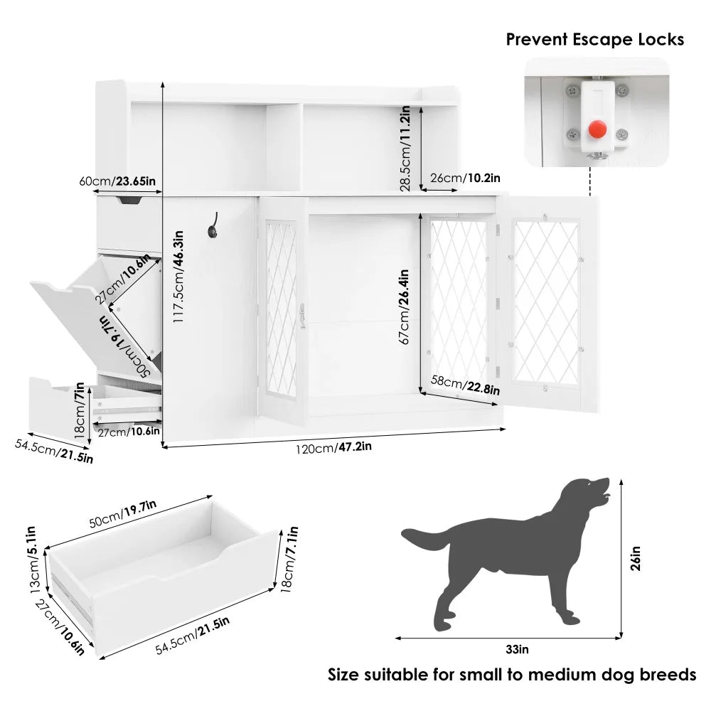 Dog Crate with Storage Cabinet and Feeding Station, Indoor Furniture Style Wooden Large Dog Kennel, White