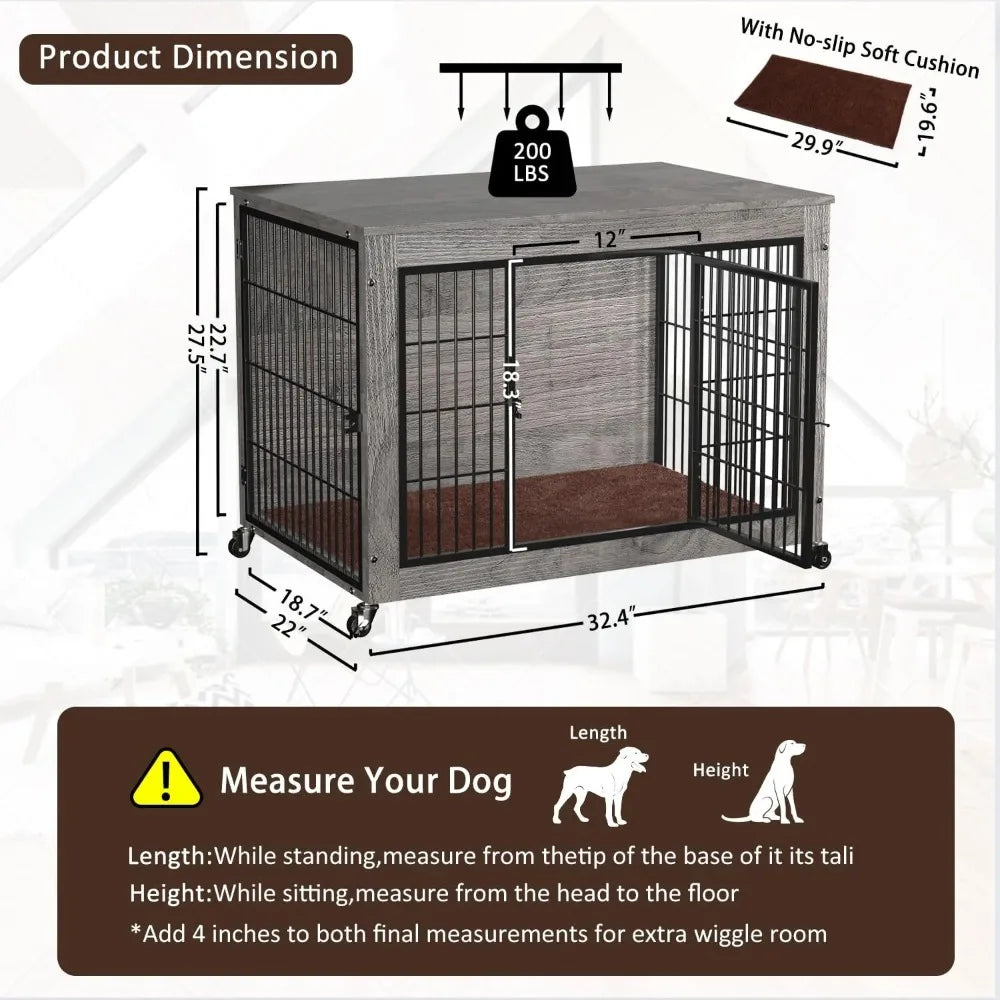 Wooden Dog Crate Furniture with Cushion, Double Doors Wooden Dog Kennel Indoor with Wheels